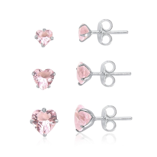 Produto Trio de Brincos Prata 925 Coração Rosa