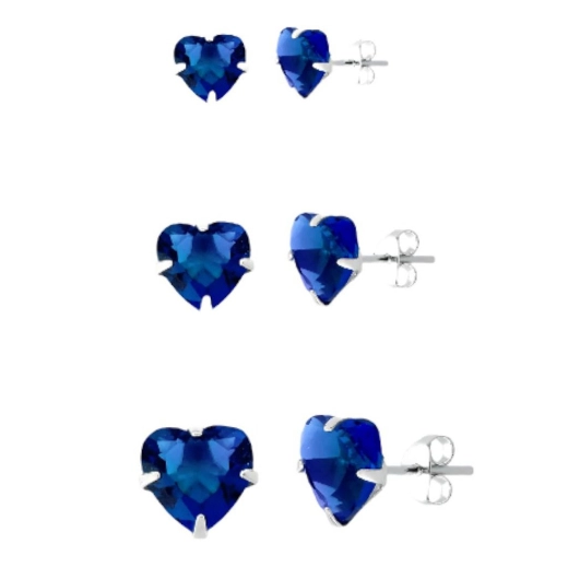 Kit trio de brincos prata 925 coração azul marinho Produto Kit trio de brincos prata 925 coração azul marinho
