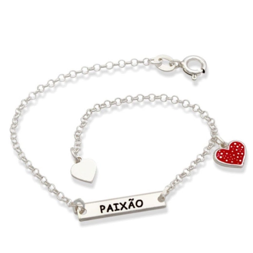 Pulseira placa paixão e coração feminina prata 925 Produto Pulseira placa paixão e coração feminina prata 925