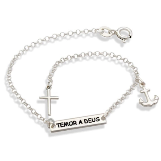 Produto Pulseira placa temor a Deus cruz e âncora prata 925