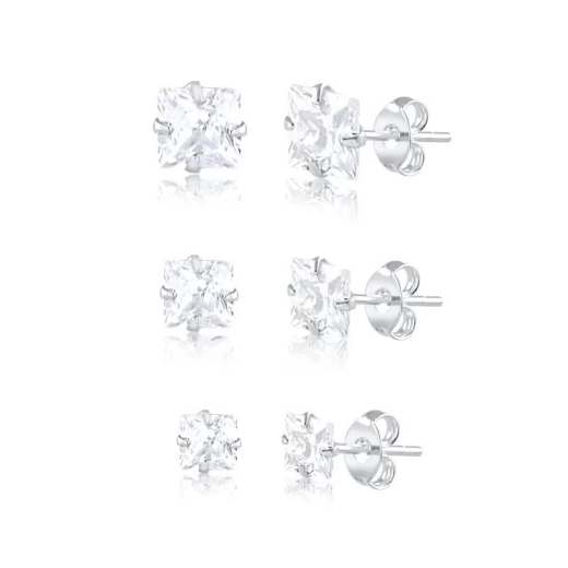 Brinco kit trio quadrado zirconia prata 925 3mm/4mm/5mm Produto Brinco kit trio quadrado zirconia prata 925 3mm/4mm/5mm