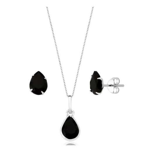 Produto Conjunto Brinco e Colar de Prata 925 Gota Preta