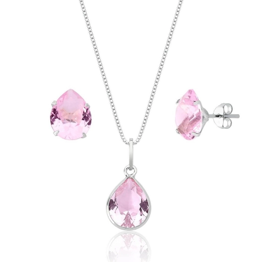 Conjunto Brinco e Colar de Prata 925 Gota Rosa Claro Produto Conjunto Brinco e Colar de Prata 925 Gota Rosa Claro