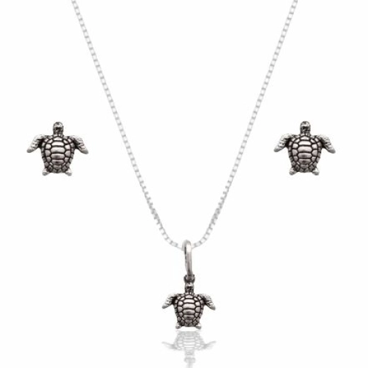 Produto Conjunto prata 925 brinco e colar tartaruga Bali 8mm