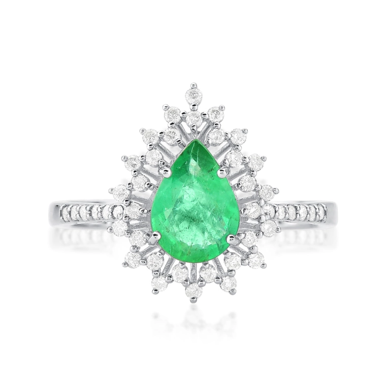 Anel de Esmeralda Gota 1,02 ct com Diamantes em Ouro Branco 18K Produto Anel de Esmeralda Gota 1,02 ct com Diamantes em Ouro Branco 18K