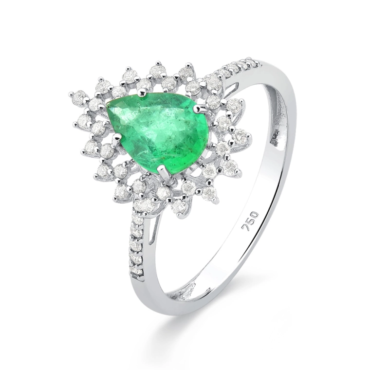 Anel de Esmeralda Gota 1,02 ct com Diamantes em Ouro Branco 18K Produto Anel de Esmeralda Gota 1,02 ct com Diamantes em Ouro Branco 18K