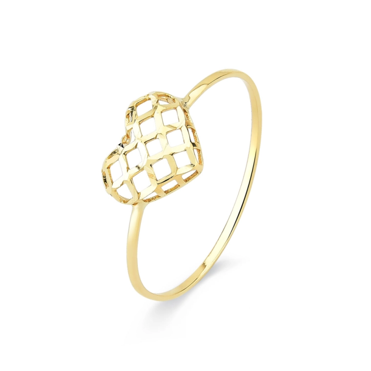 Produto Anel de Ouro 18k Coração Vazado e Detalhado