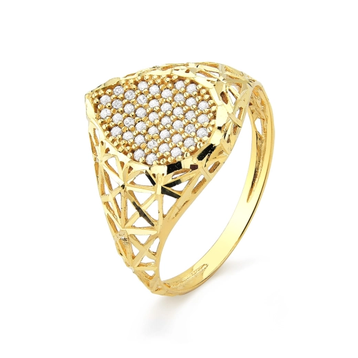 Produto Anel de Ouro Feminino Gota Cravejada e Laterais Vazadas
