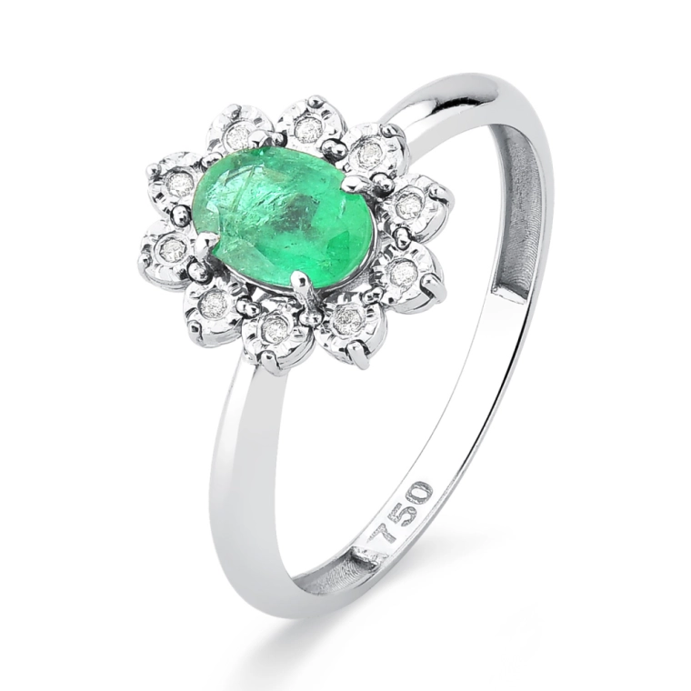 Anel de Ouro Branco 18K com Esmeralda Oval 0,90 ct e Diamantes 0,05 ct Produto Anel de Ouro Branco 18K com Esmeralda Oval 0,90 ct e Diamantes 0,05 ct