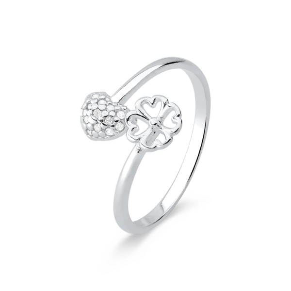 Anel de Prata 925 Coração Cravejado e Trevo da Sorte Vazado Produto Anel de Prata 925 Coração Cravejado e Trevo da Sorte Vazado