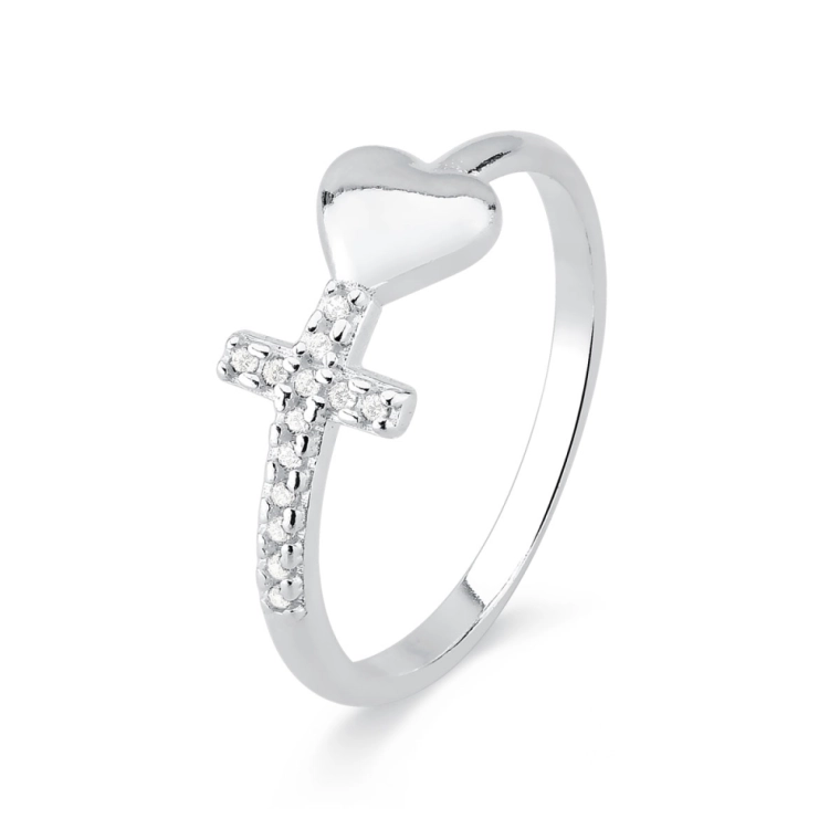 Produto Anel de Prata 925 Coração e Cruz Cravejada