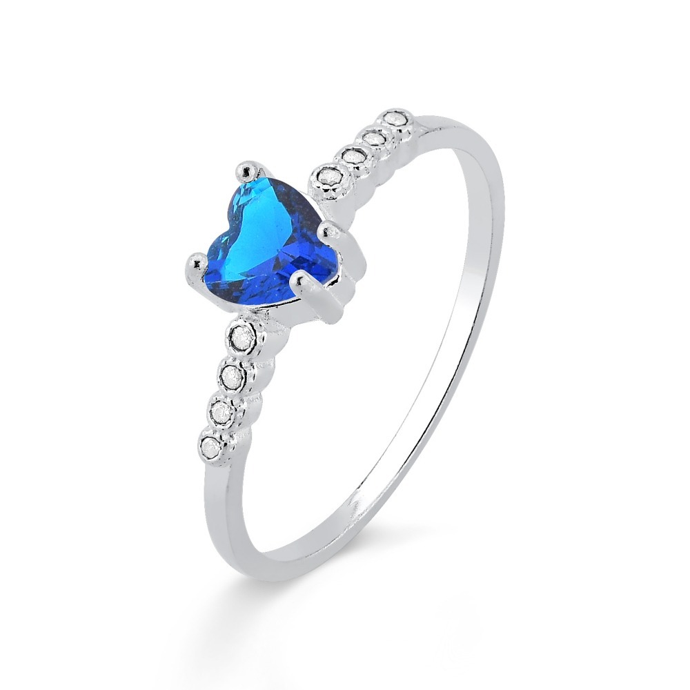 Anel de prata 925 solitario Coração com pedras de zircônias Azul Produto Anel de prata 925 solitario Coração com pedras de zircônias Azul