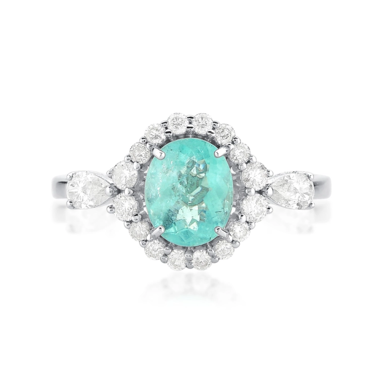 Anel de Turmalina Paraíba 1,40 ct Oval com Diamantes em Ouro Branco 18K | Aqua Joias Produto Anel de Turmalina Paraíba 1,40 ct Oval com Diamantes em Ouro Branco 18K | Aqua Joias