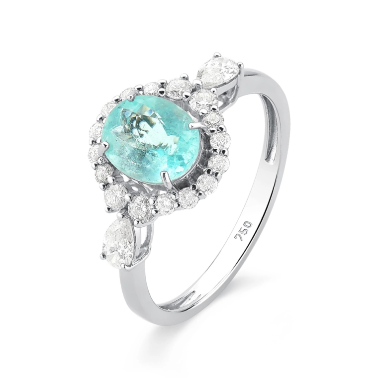 Anel de Turmalina Paraíba 1,40 ct Oval com Diamantes em Ouro Branco 18K | Aqua Joias Produto Anel de Turmalina Paraíba 1,40 ct Oval com Diamantes em Ouro Branco 18K | Aqua Joias