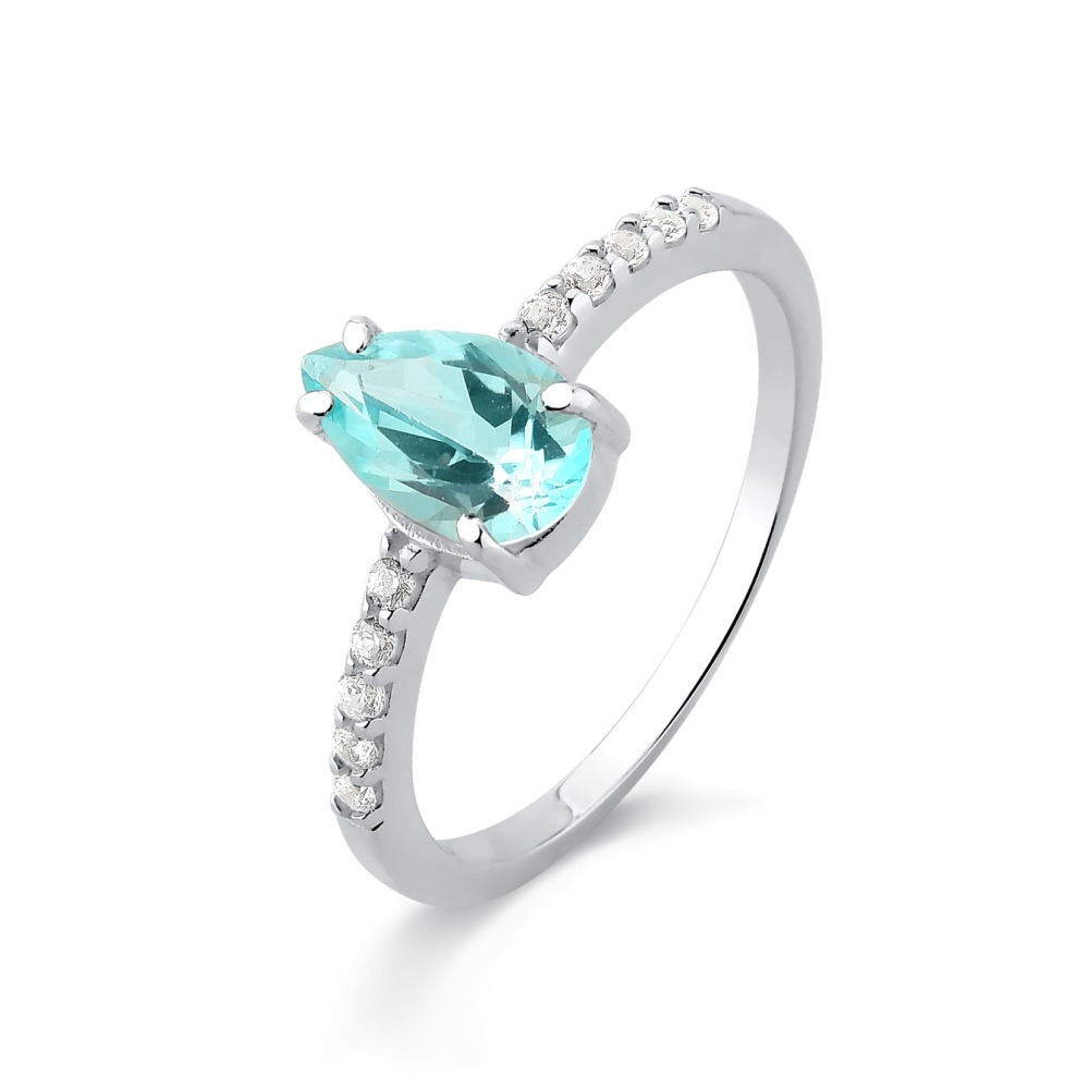 Anel Feminino de Prata 925 Gota de Topázio Azul Natural com Zircônias Produto Anel Feminino de Prata 925 Gota de Topázio Azul Natural com Zircônias