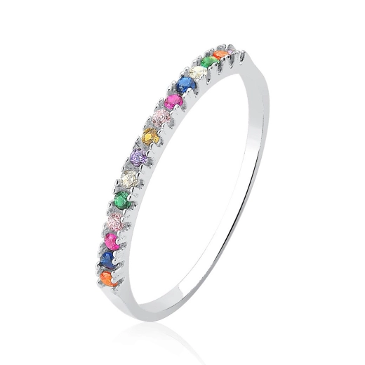 Anel Meia Aliança Aparador Zircônias Coloridas Prata 925 Produto Anel Meia Aliança Aparador Zircônias Coloridas Prata 925