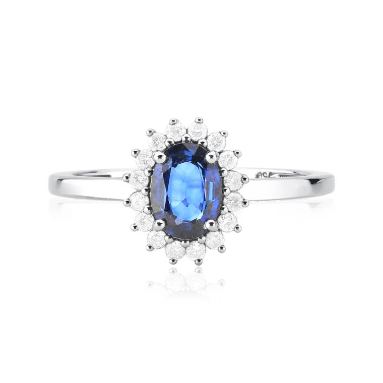 Anel Halo com Safira e Diamantes em Ouro Branco 18k | Alta Joalheria Produto Anel Halo com Safira e Diamantes em Ouro Branco 18k | Alta Joalheria