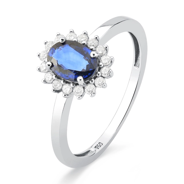 Anel Halo com Safira e Diamantes em Ouro Branco 18k | Alta Joalheria Produto Anel Halo com Safira e Diamantes em Ouro Branco 18k | Alta Joalheria