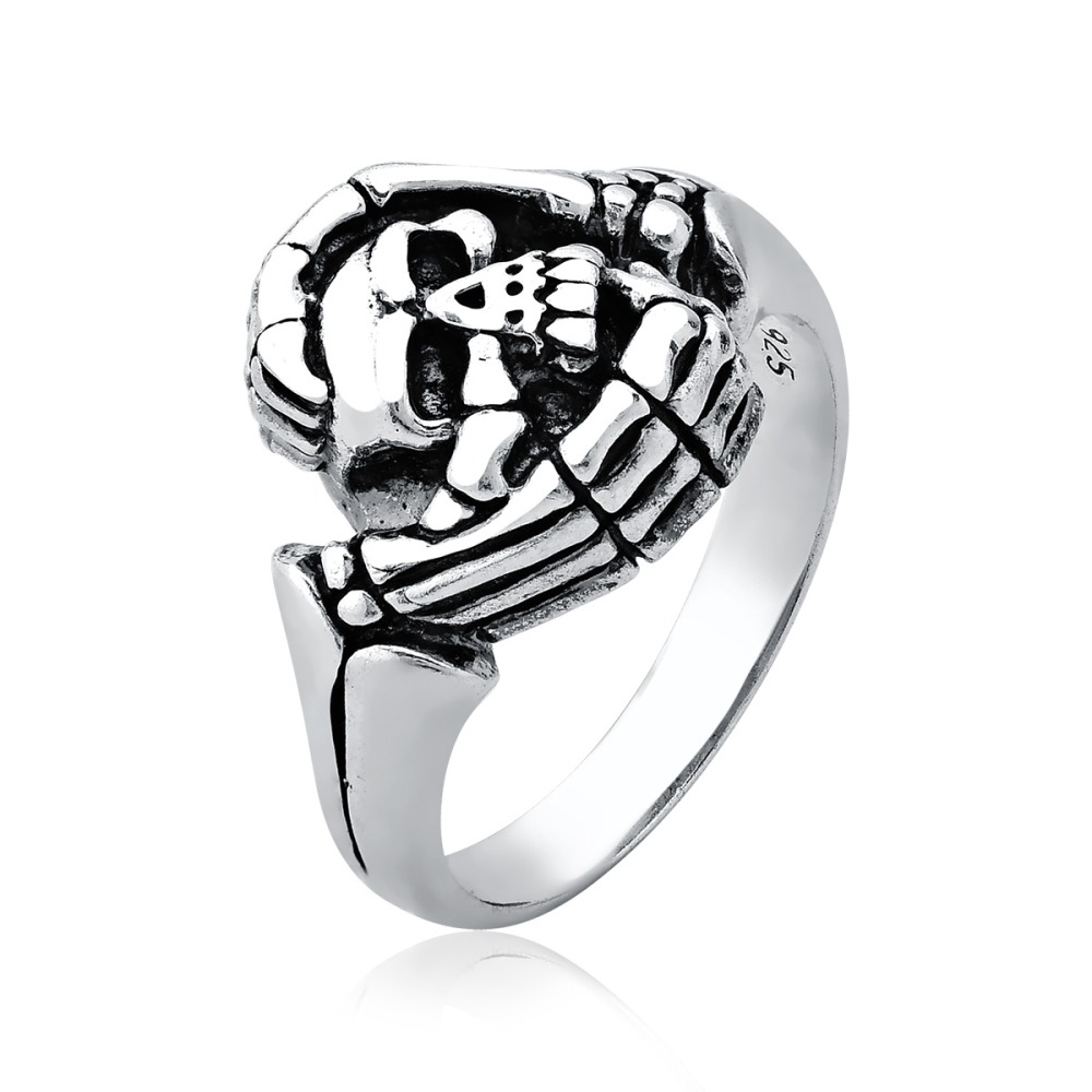 Produto Anel Masculino de Prata 925 Mãos com Caveira Envelhecido