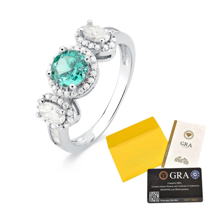 Anel Moissanite de Prata 925 Ponto de Luz Cravejado Verde Água Produto Anel Moissanite de Prata 925 Ponto de Luz Cravejado Verde Água