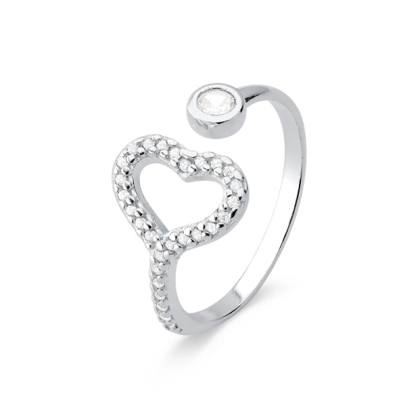 Produto Anel Regulável de Prata 925 Coração Vazado com Zircônias e Ponto de Luz