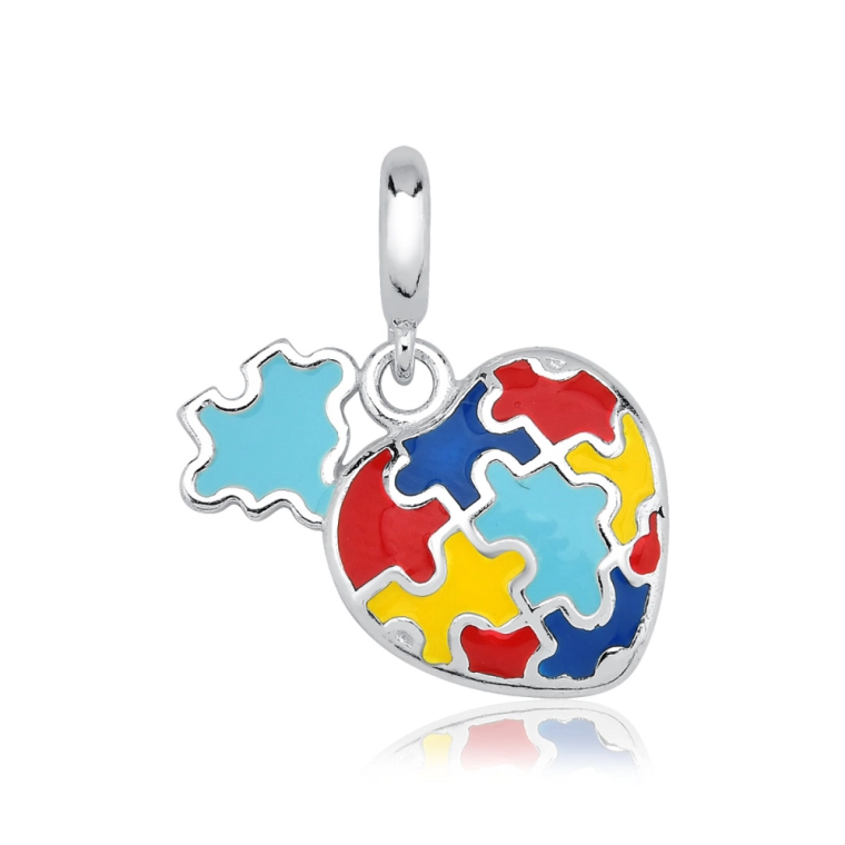 Berloque de Prata 925 Coração Autismo e Quebra-Cabeça Produto Berloque de Prata 925 Coração Autismo e Quebra-Cabeça