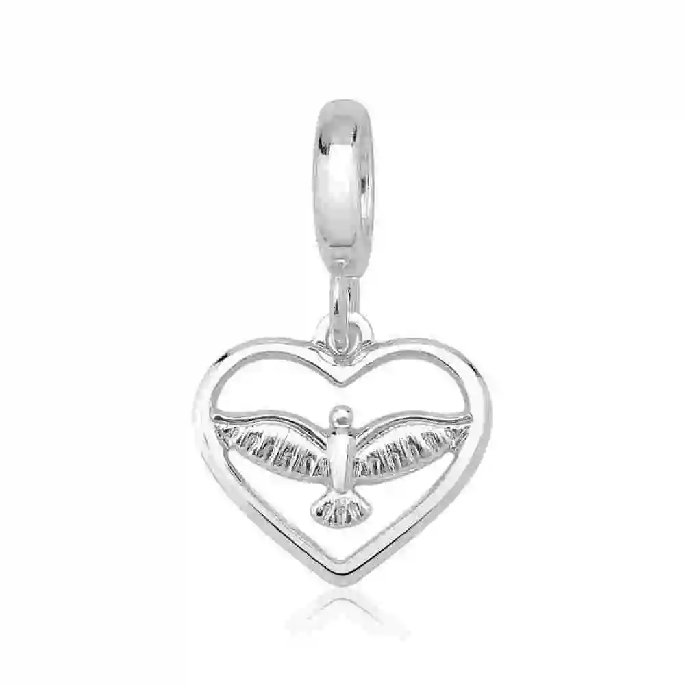 Berloque para Pulseira de Prata 925 Coração Vazado com Espirito Santo Produto Berloque para Pulseira de Prata 925 Coração Vazado com Espirito Santo