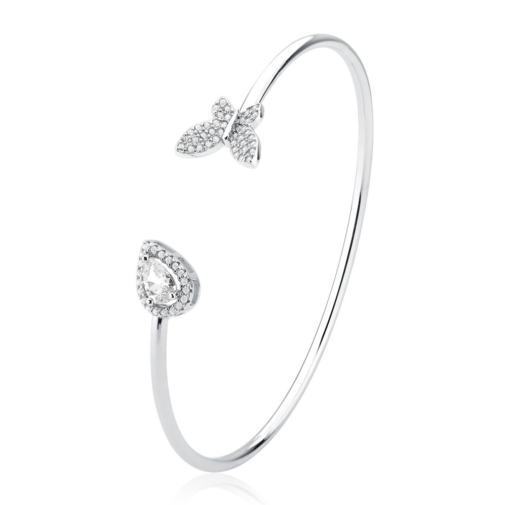 Produto Bracelete Feminino de Prata 925 Borboleta e Gota com Zircônias