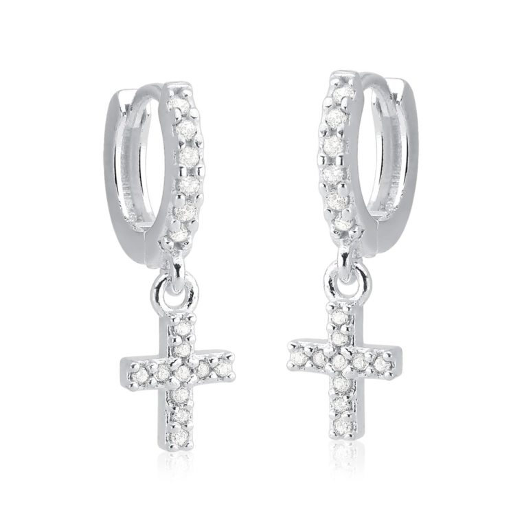 Produto Brinco Argola de Prata 925 Cruz com Zircônias