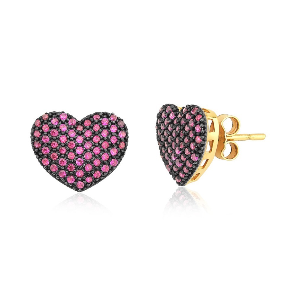 Produto Brinco coração com pedras de zircônia rubi ouro 18k