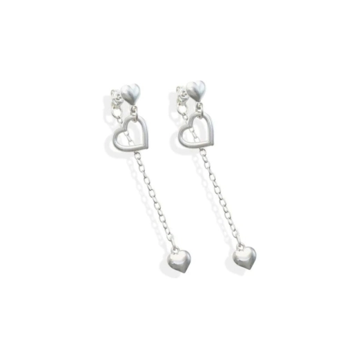 Brinco Feminino de Prata 925 Coração Abaulado com Pingente Coração Vazado e 1 corrente Produto Brinco Feminino de Prata 925 Coração Abaulado com Pingente Coração Vazado e 1 corrente