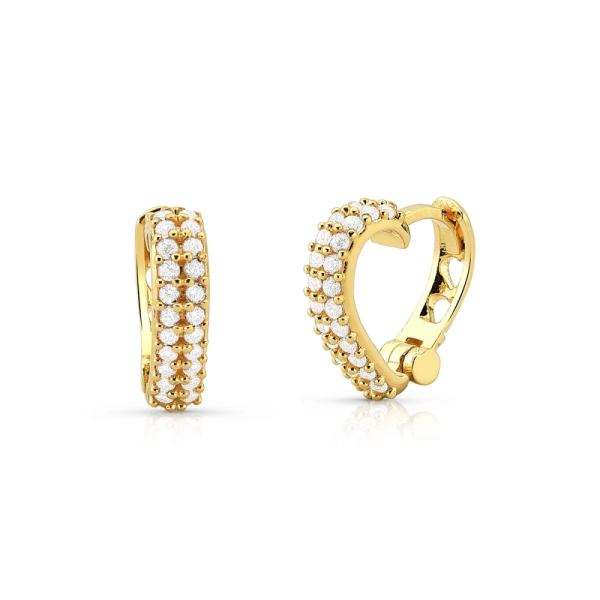 Produto Brinco de Ouro 18k Argola Coração com 2 Fileiras Cravejadas