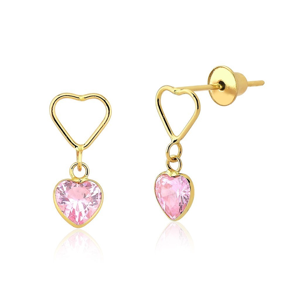 Produto Brinco de Ouro 18k Coração Vazado com Zircônia Rosa pendurada