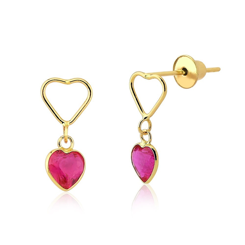 Produto Brinco de Ouro 18k Coração Vazado com Zircônia Rubi pendurada
