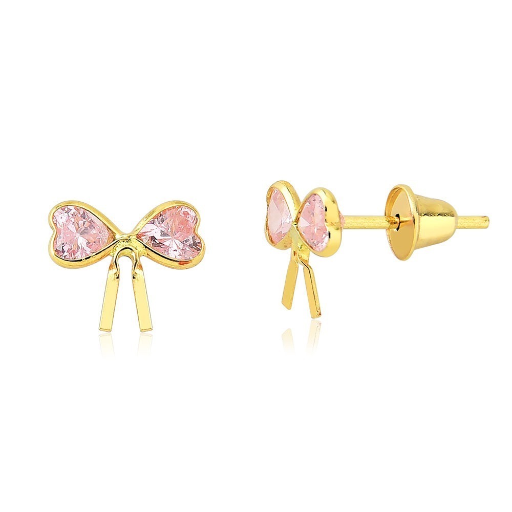 Brinco de Ouro 18k Lacinho com Coração Rosa Produto Brinco de Ouro 18k Lacinho com Coração Rosa
