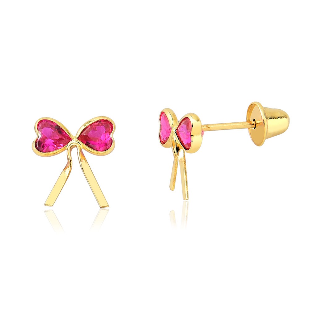 Produto Brinco de Ouro 18k Lacinho com Coração Rubi