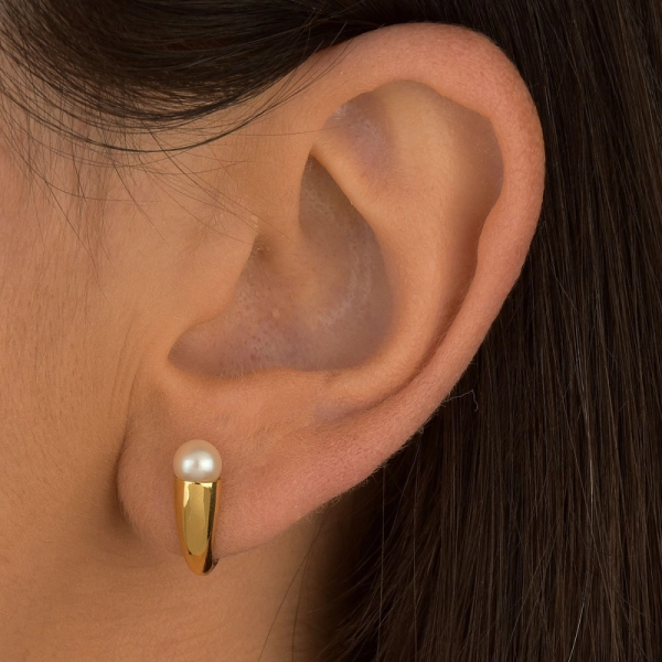 Produto Brinco de Ouro 18k Meia Argola com Pérola