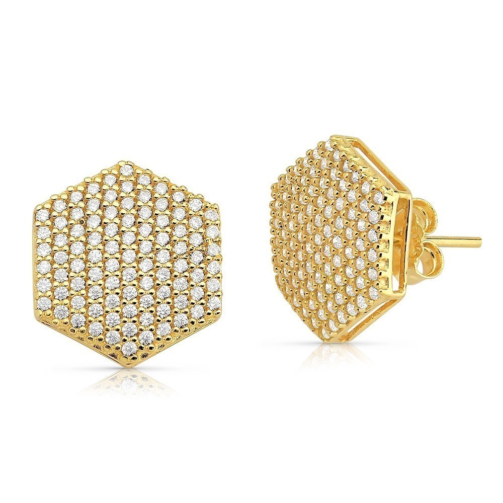 Produto Brinco de Ouro 18k Pavê Sextavada com 12mm