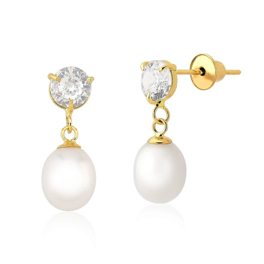 Brinco de Ouro 18k Ponto de Luz Redondo com Pérola pendente Produto Brinco de Ouro 18k Ponto de Luz Redondo com Pérola pendente