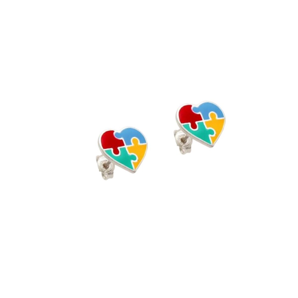 Produto Brinco de Prata 925 Coração Autismo Quebra-Cabeça