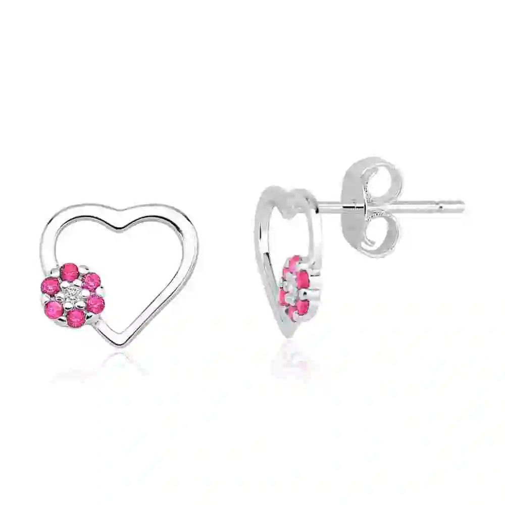 Brinco de Prata 925 Coração Vazado com Flor de Quartzo Rosa Produto Brinco de Prata 925 Coração Vazado com Flor de Quartzo Rosa