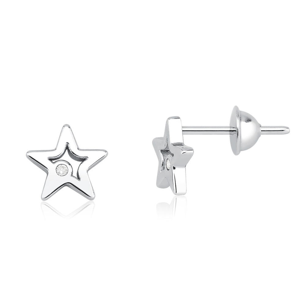 Produto Brinco Estrela com Diamante Delicado em Ouro Branco 18k