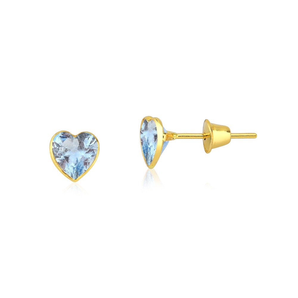 Produto Brinco Feminino de Ouro 18k Coração 5mm - Zircônia Azul Claro