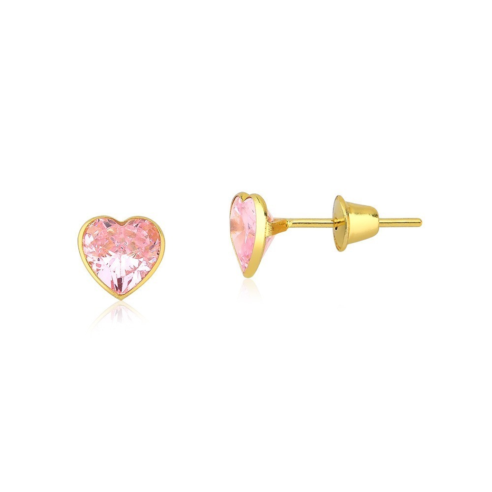 Produto Brinco Feminino de Ouro 18k Coração 5mm - Zircônia Rosa