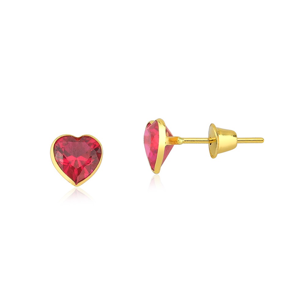 Produto Brinco Feminino de Ouro 18k Coração 5mm - Zircônia Rubi