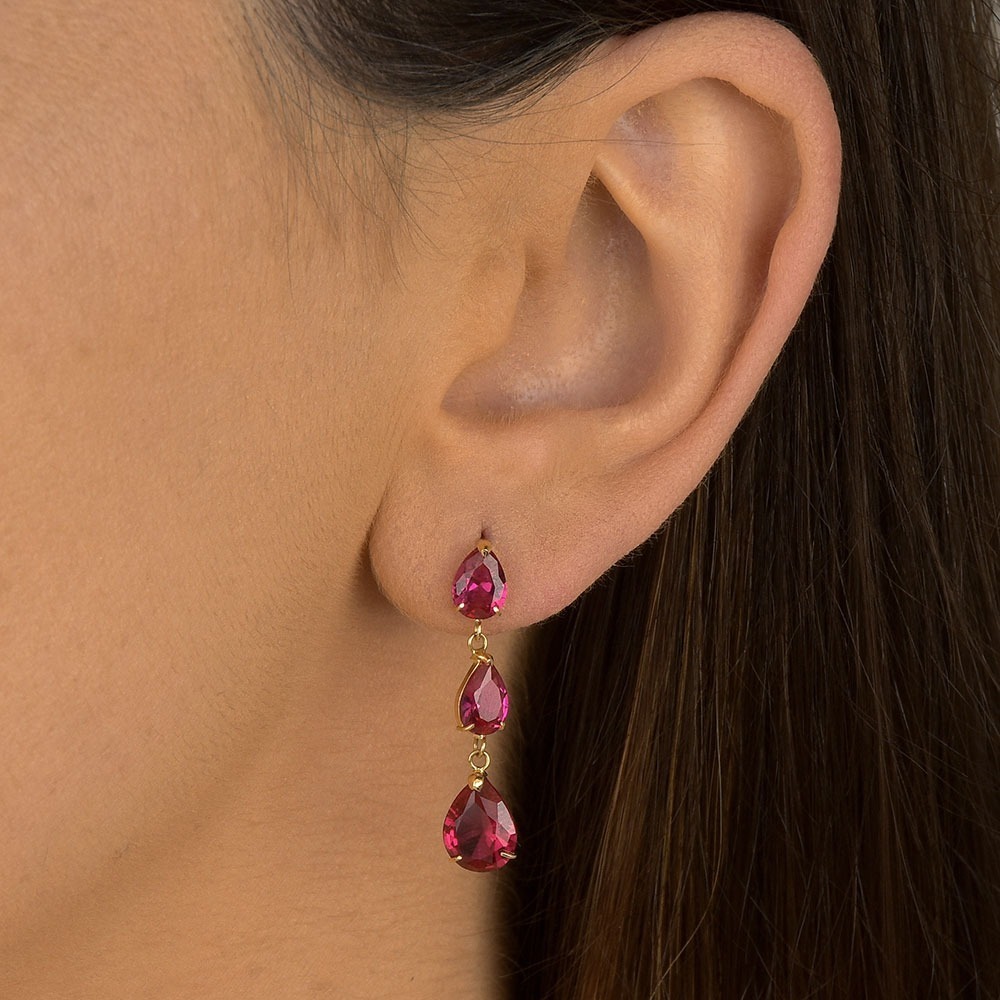Produto Brinco Feminino de Ouro 18k Gotas Pendentes Rubi
