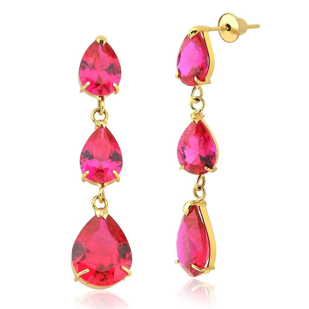 Produto Brinco Feminino de Ouro 18k Gotas Pendentes Rubi