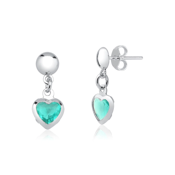 Brinco Feminino de Prata 925 Bolinha com Coração Pendurado Verde Água Produto Brinco Feminino de Prata 925 Bolinha com Coração Pendurado Verde Água