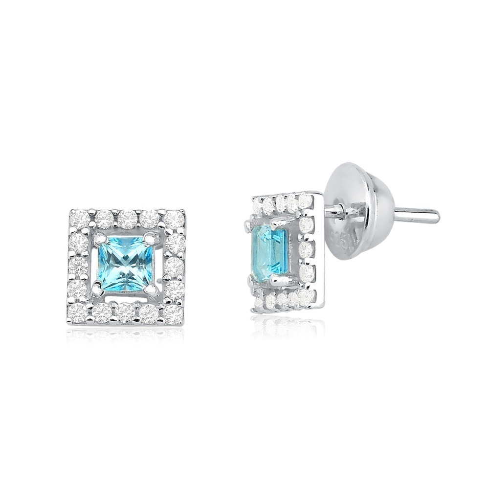 Produto Brinco Feminino de Prata 925 Carrê Topázio Azul com Zircônias