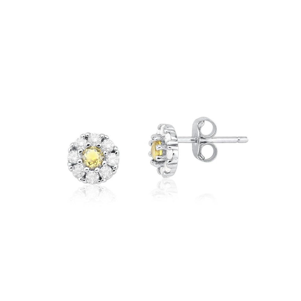 Produto Brinco Feminino de Prata 925 Citrino Redondo com mini Zircônias